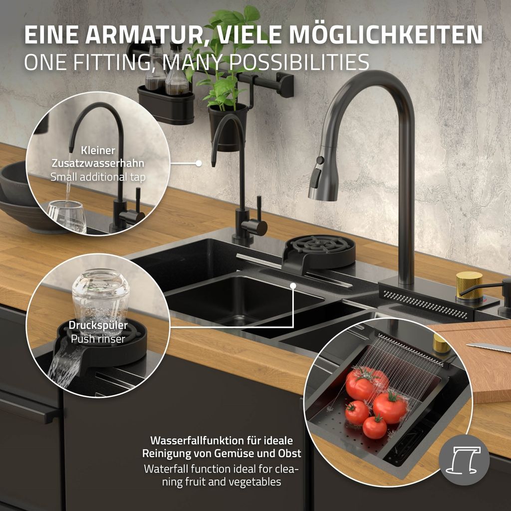 Dřez ML-Design z nerezové oceli, antracitový, s výsuvnou Obrázek produktu 6