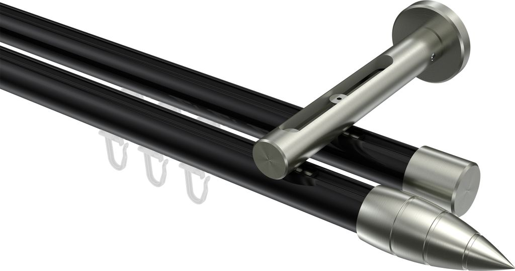 Interdeco Innenlaufstange / Gardinenstange mit Innenlauf Schwarz / Edelstahl-Optik, Typ Siteno Samanto (Rillenpatrone), 20 mm Ø 2-läufig, 180 cm