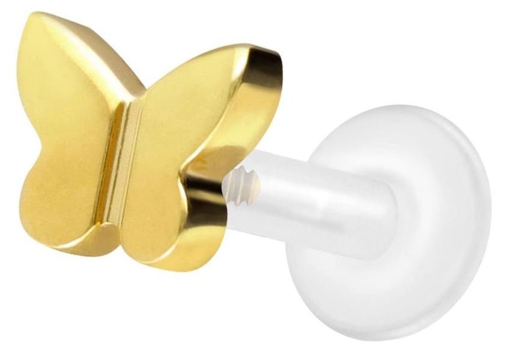 Ohrpiercing, Nasenpiercing PTFE Labret mit Innengewinde + Titan-Aufsatz SCHMETTERLING Gold Stablänge: 6mm | Stabstärke: 1,6mm