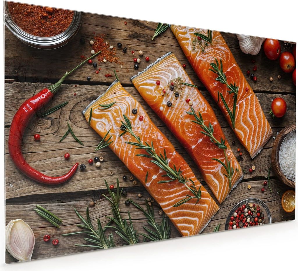 Küchenrückwand Spritzschutz Glas mit Motiv Lachsfilets 40 x 40 cm