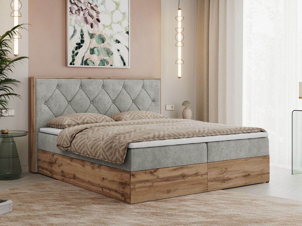 MKS MEBLE Boxspringbett 180x200 mit Bettkasten Eiche, Polsterbett 180x200 mit Matratze H4, Bett 180x200 mit Kopfteil, Bett mit Holzrahmen in Wotan ...
