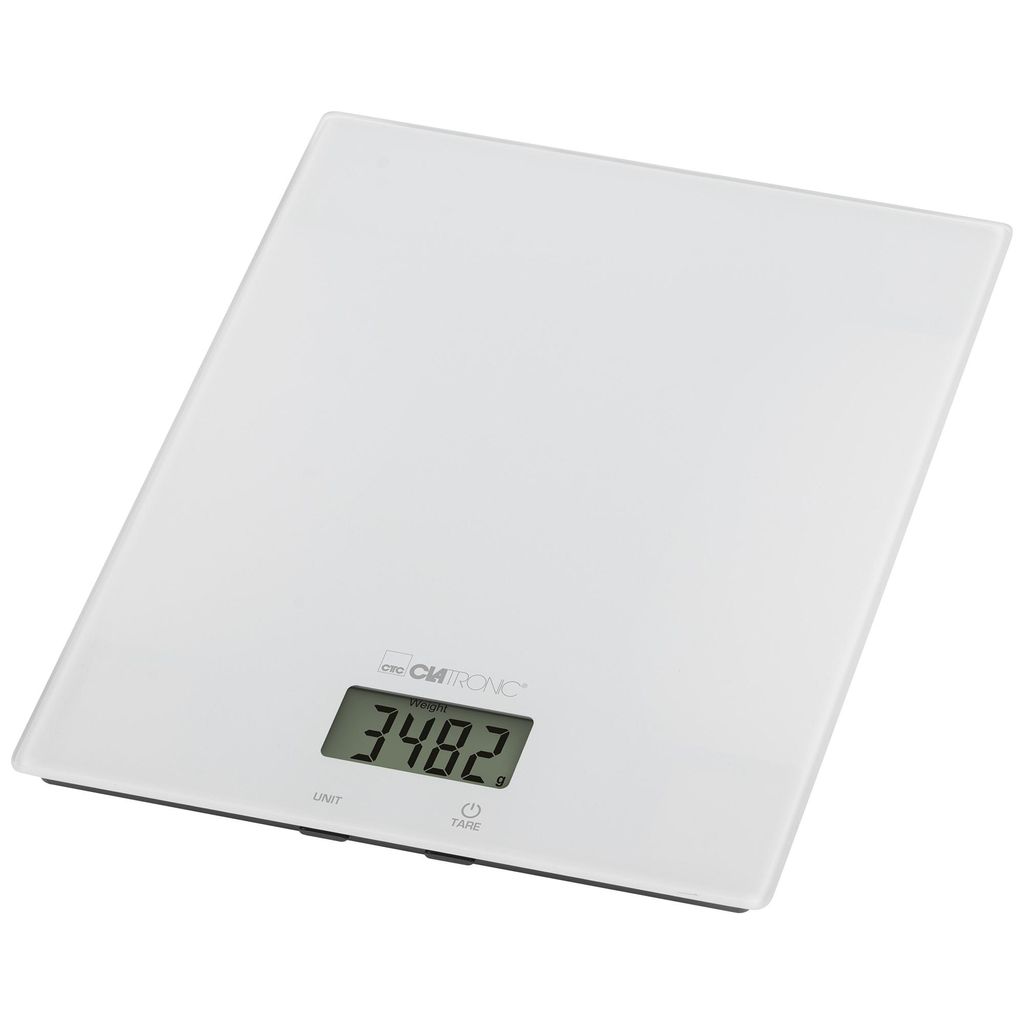 Clatronic Küchenwaage digital | 1g Schritte | bis zu 5kg | Zuwiegefunktion | gr, lb:oz, ml + Cup Einheit | digitale Küchenwaage | KW 3820 weiß