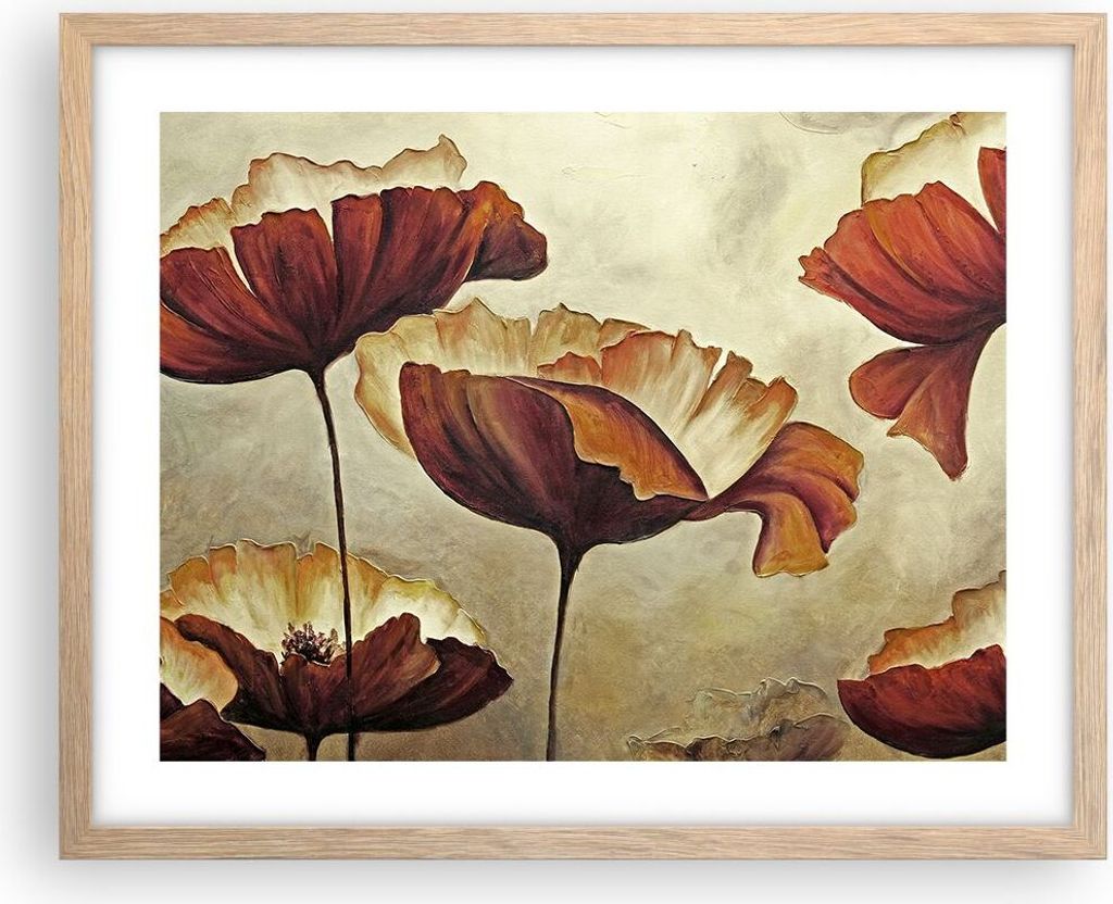 Gerahmtes Poster - Rahmen in heller Eiche - Mohn Blume Wiese - 50x40 cm - Wand Bild - Wanddeko - Wandbilder - Kunstposter - Wandposter - Bilderrahm...