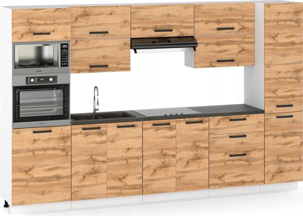 ULWEHOME Küchenmöbel Küchenmöbel-Set Parma 300 cm|Unterschrank-Arbeitsplatte-Hochschrank für Backofen und Mikrowelle-Vorratsschrank-Regal| Eic...
