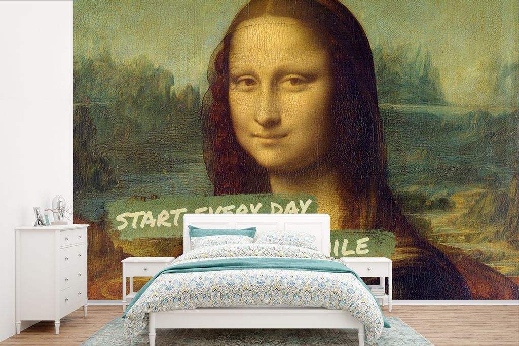 MuchoWow Fototapete für Wohnzimmer oder Schlafzimmer Wandtapete Vinyl Motivtapete Mona Lisa - Da Vinci - Zitat - 330x220 cm - Fototapeten