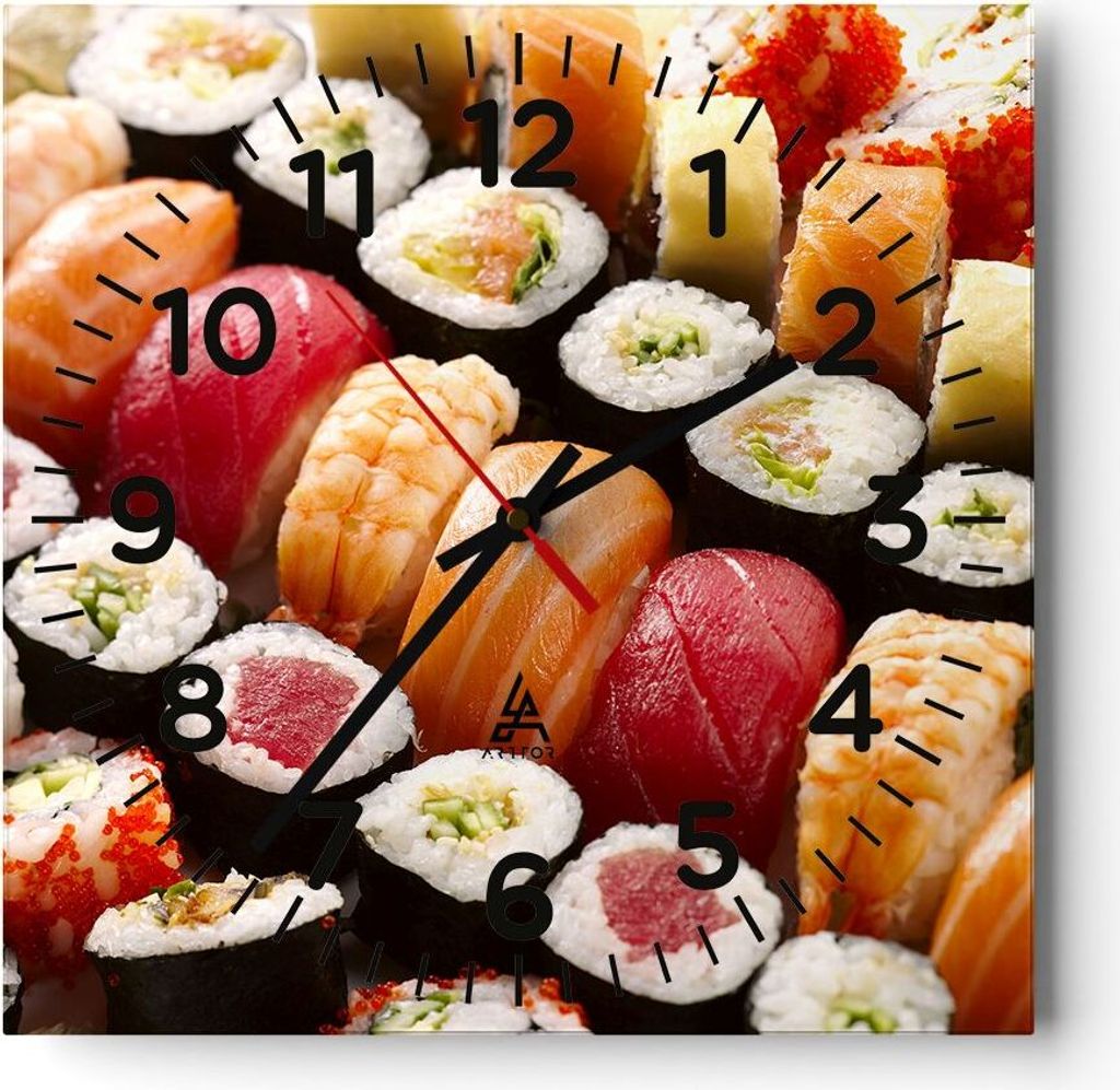 Wanduhr - Quadrat - Glasuhr - Japan Asien Sushi Fisch - 40x40cm - Schleichendes Uhrwerk - Lautlos - zum Aufhängen bereit - Dekoration Modern - Wan...