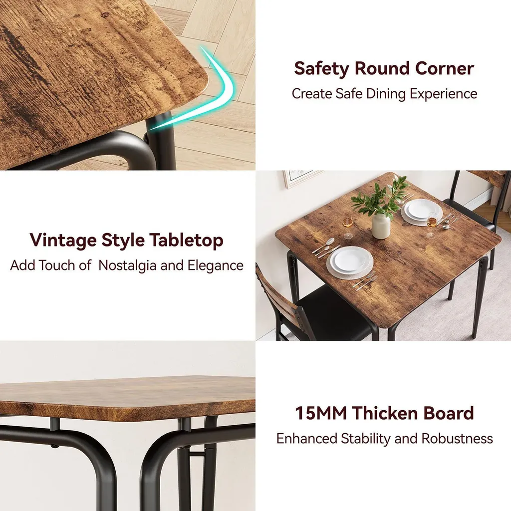 Ensemble table à manger 3 pièces avec 2 chaises rembourrées noir et bois