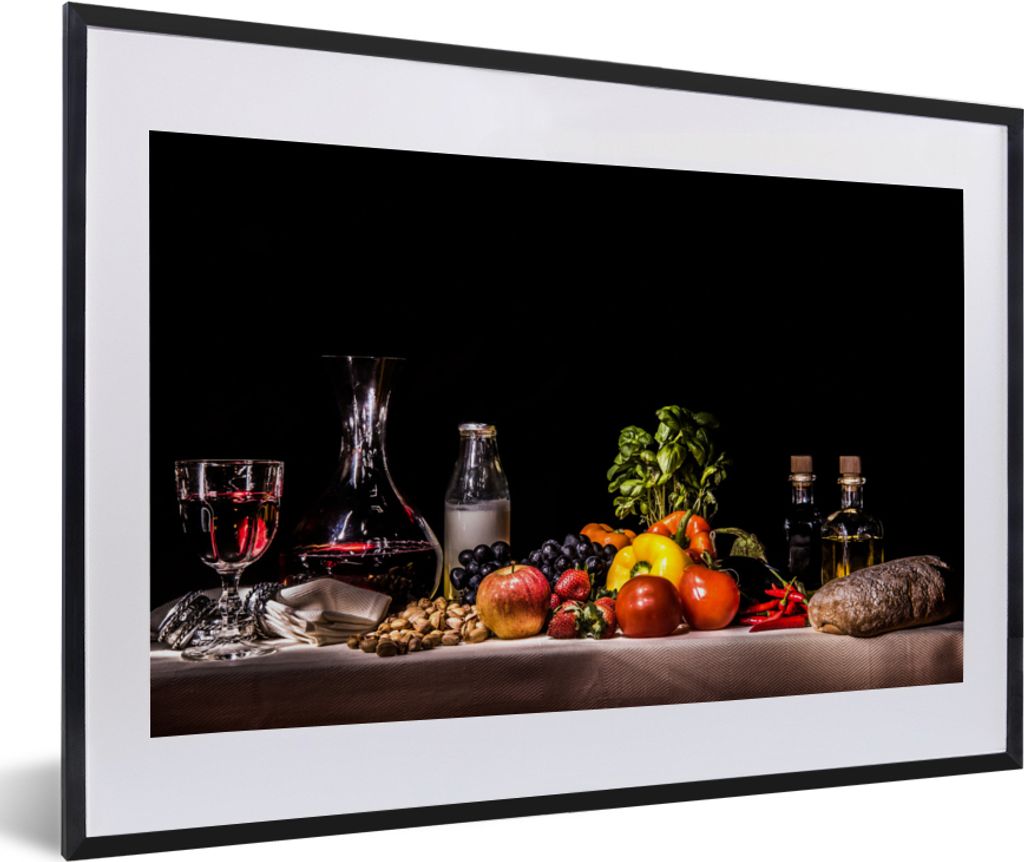 MuchoWow Gerahmtes Poster Stilleben - Essen - Trinken - Obst - Schwarz 60x40 cm - Poster mit Schwarzem Bilderrahmen Wandposter Rahmen Foto Bilder...