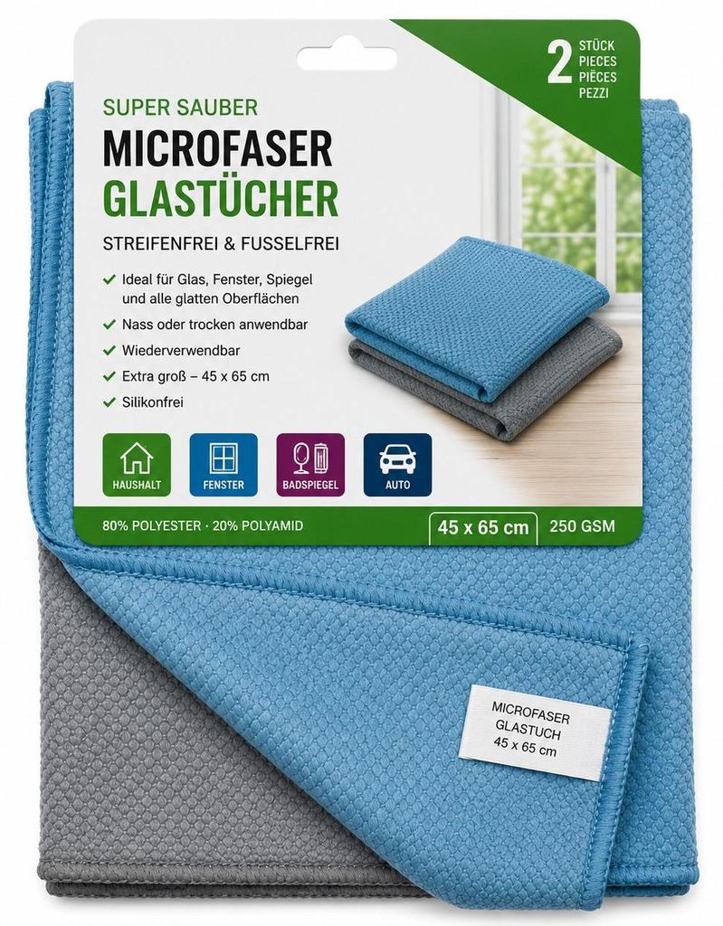 Microfasertücher Glastücher 2er Set 45 x 65 cm, 250 GSM Produktbild  KI-generiertes Bild