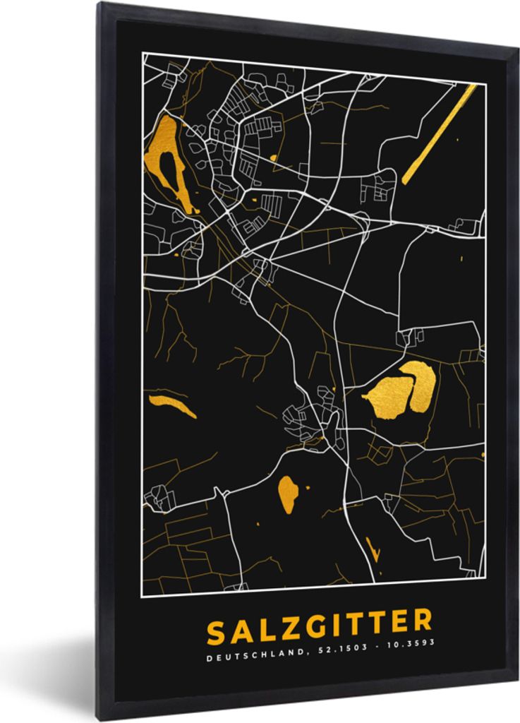 MuchoWow Gerahmtes Poster Salzgitter - Gold - Stadtplan - Karte - Deutschland 60x90 cm - Poster mit Schwarzem Bilderrahmen Wandposter Rahmen Foto...