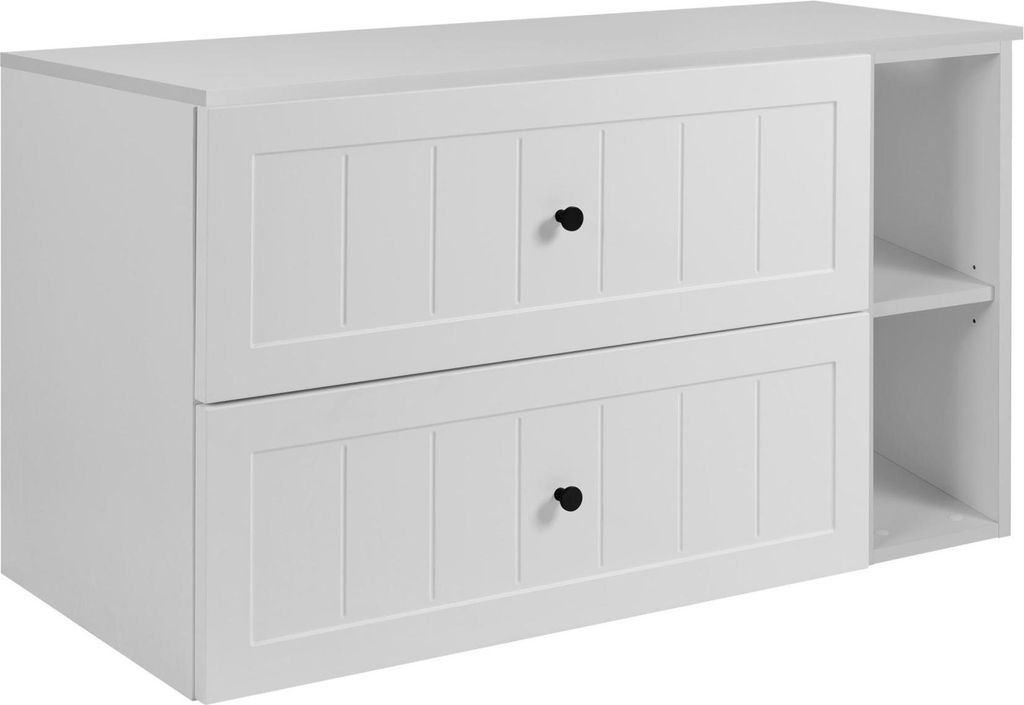 A white bathroom vanity cabinet with two drawers and an open shelf on the right side.