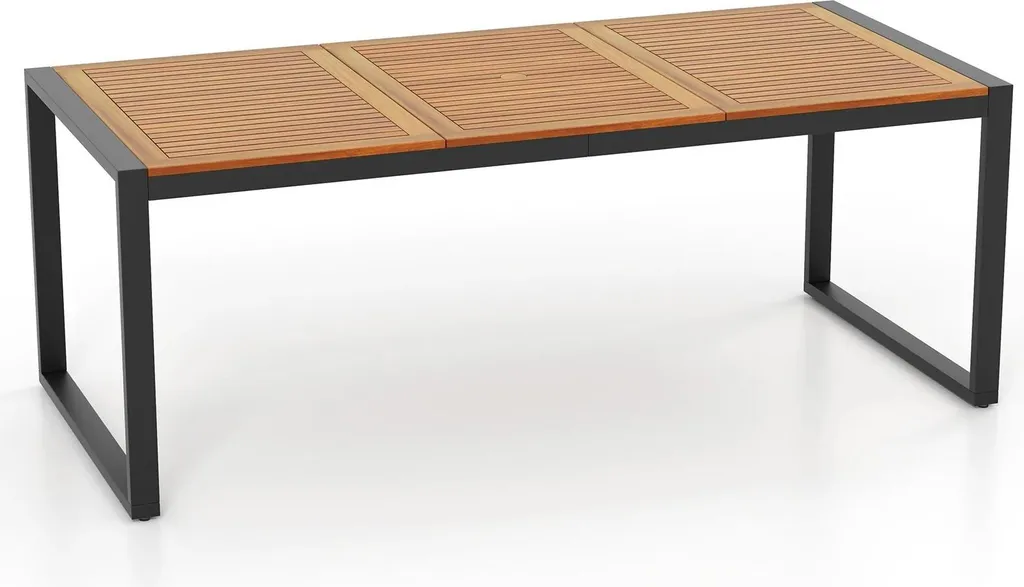 Grande table d'extérieur en bois kaki 200 cm avec trou pour parasol