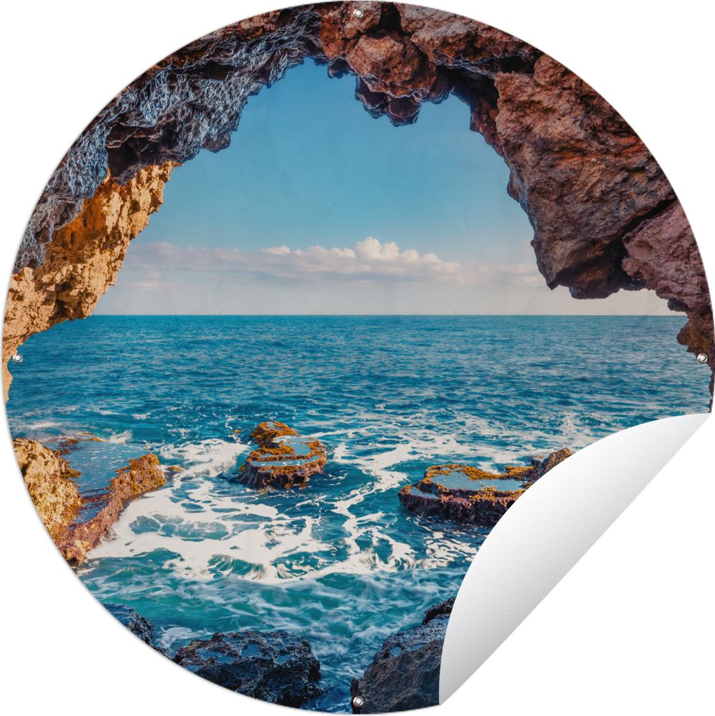 MuchoWow Gartenposter Outdoor-Poster Rund Höhle - Meer - Felsen - Natur Ø 90 cm Gartendeko Rundes Poster draußen