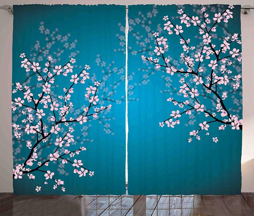 ABAKUHAUS japanisch Rustikaler Gardine, Sakura Bloom Muster, Schlafzimmer Kräuselband Vorhang mit Schlaufen und Haken, 280 x 225 cm, Hellrosa Blau