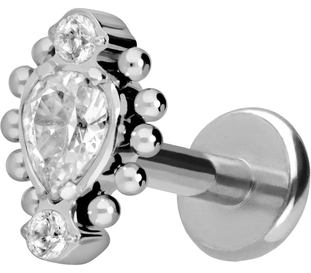 Ohrpiercing, Nasenpiercing Titan Labret mit Push Fit 3 EINGEFASSTE KRISTALLE + KUGELN Silber Stablänge: 8mm | Stabstärke: 1,2mm