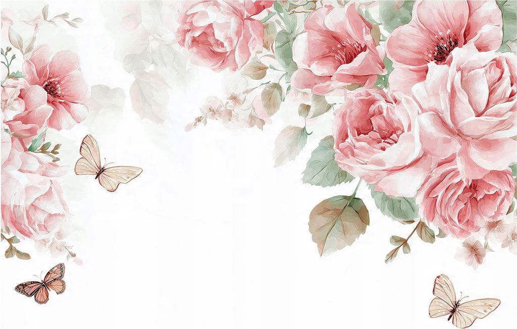 Fototapete Blumen Rosa Rosen Schmetterlinge - 400x280 cm - inklusive kleister - Vlies Tapete - Vliestapete Wohnzimmer Schlafzimmer Küche Modern Wa...