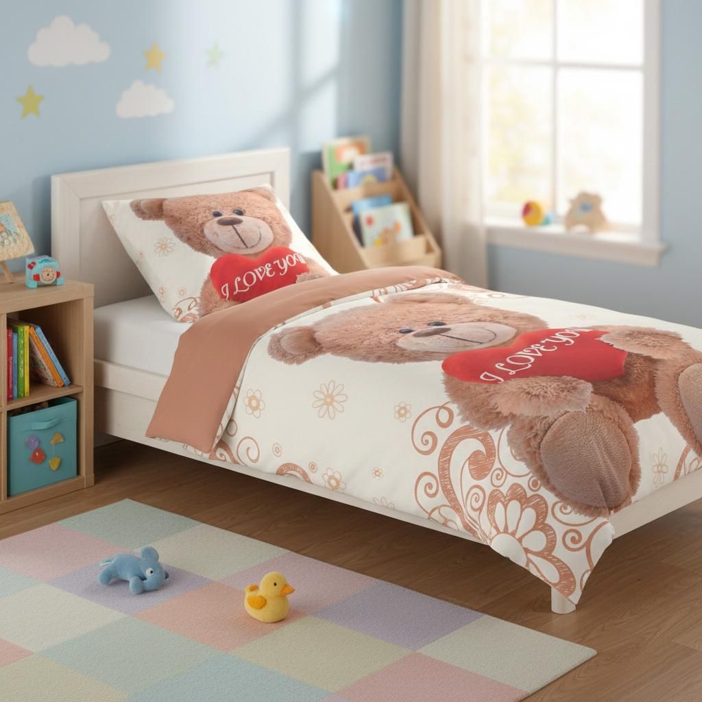 Microfaser Kinder Bettwäsche 135x200 cm - Süßes Bär Motiv & Produktbild 