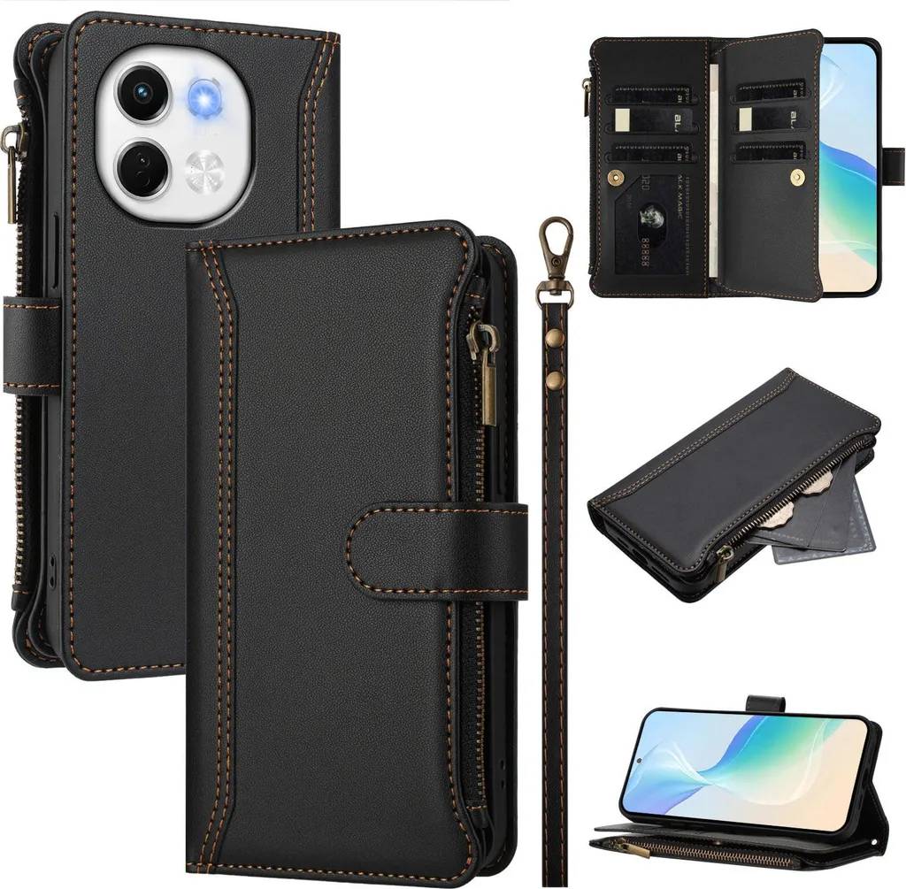 Custodia per Tecno Spark 30 5G, con cerniera, portafoglio Custodia flip in Finto cuoio con tasche per carte, supporto e passante per la mano nero