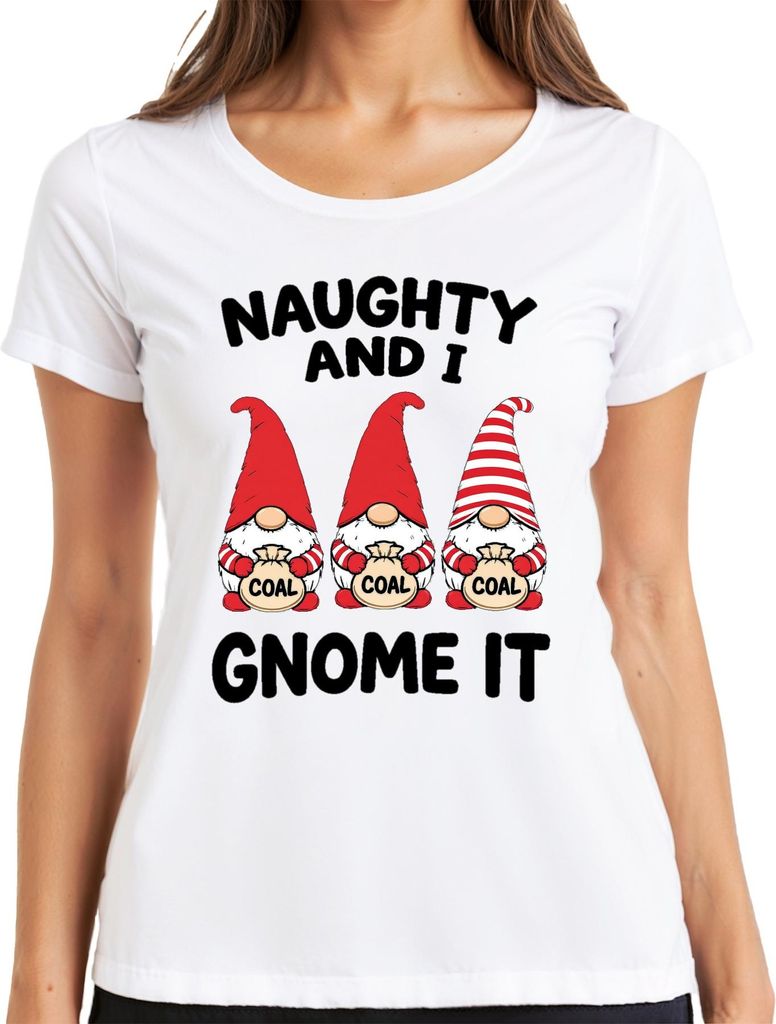Naughty And I Gnome It Weihnachtsgnom Wichtel Nikolaus Lustig Damen T-Shirt, Weiß, XXL