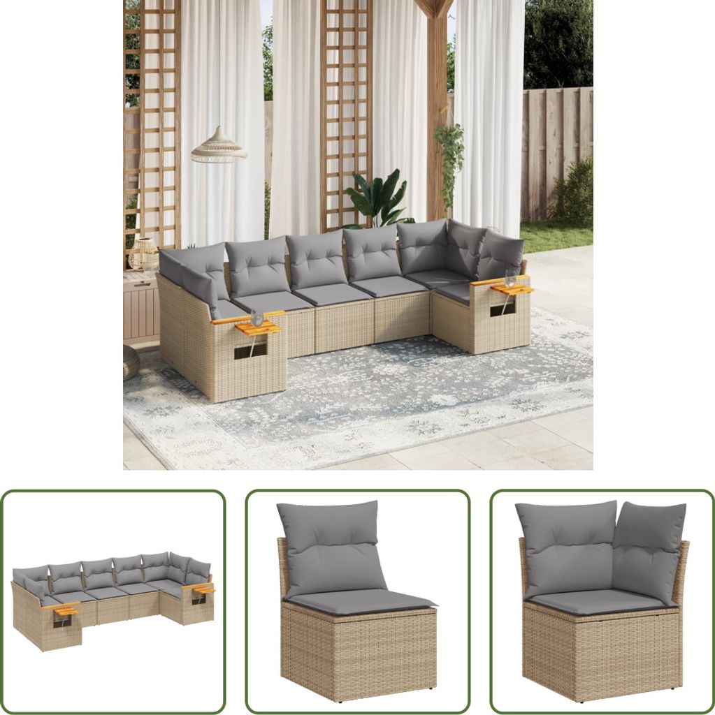 The Living Store 7-tlg. Garten-Sofagarnitur mit Kissen Beige Poly Rattan