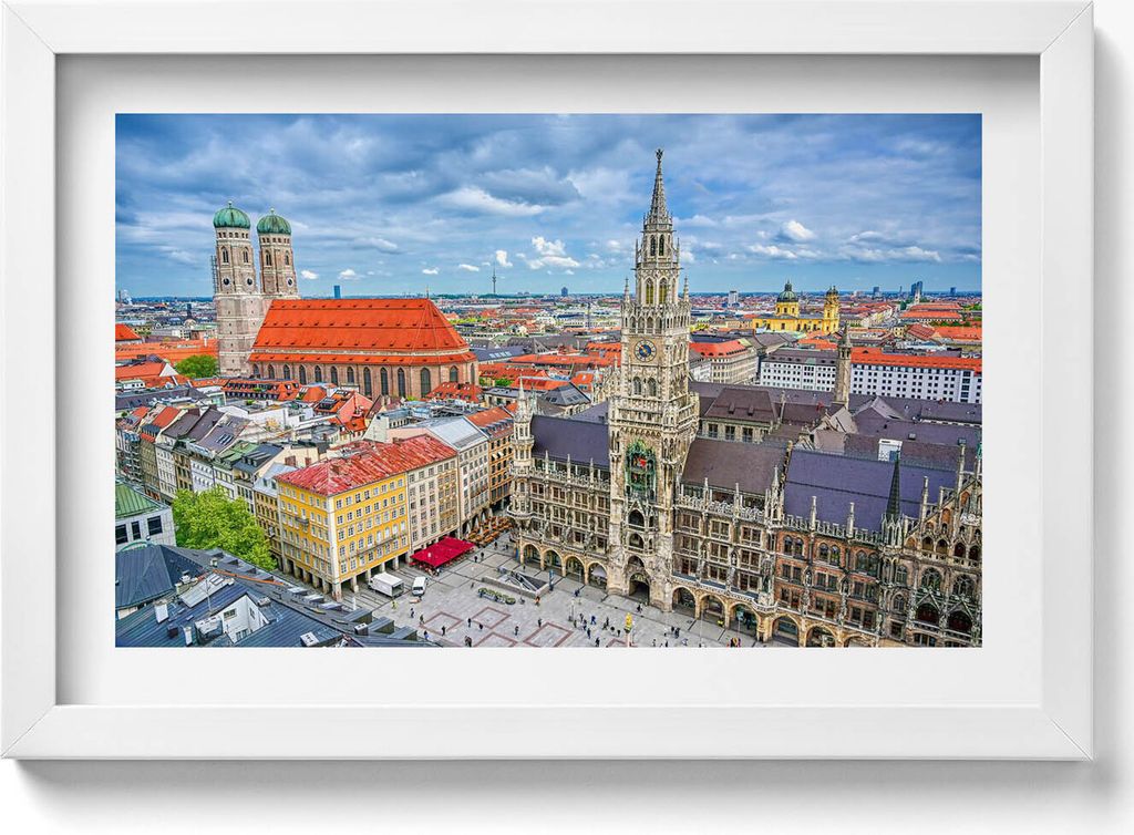 Rathaus am Marienplatz in München– Wandbild mit Rahmen – Gerahmtes Bild – Wanddekoration – 30x20 cm – Weiß Rahmen