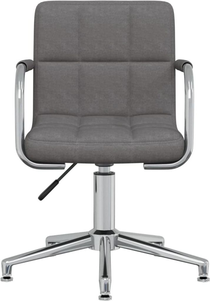 A front view of a dark gray fabric office chair with a chrome base and armrests, set against a white background.