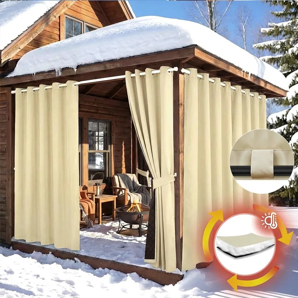 set di 2 spesse tende termiche protezione dal freddo tenda da esterno resistente alle intemperie con occhielli tenda termica protezione dal rumore per terrazza giardino balcone, 132x244cm Beige