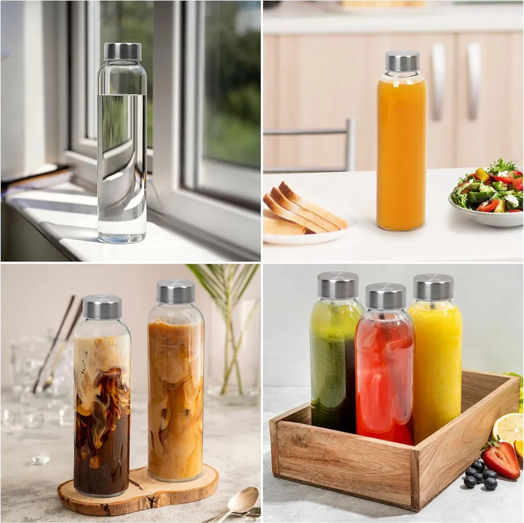 BrandPrint Set di 4 Bottiglie in Vetro Modello EOS, 1 Litro, Serigrafia 4 Frizzante, Tappo a Vite in Acciaio Inox | Bottiglia Vetro Acqua