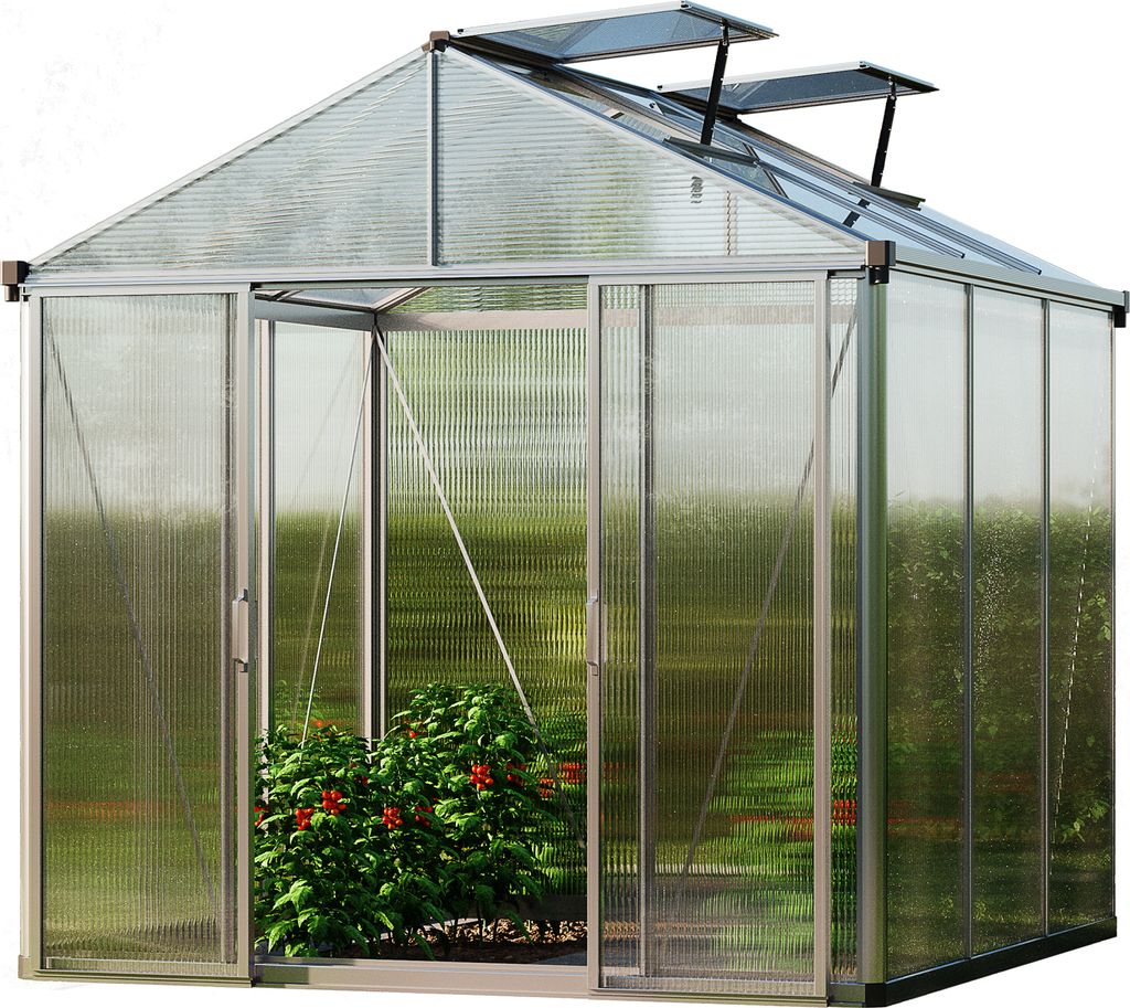 GFP Gewächshaus TITAN 21 aus Alu 222x222 cm, starke 10 mm Doppelstegplatten mit Zusatzfenstern, automatischen Fensteröffnern