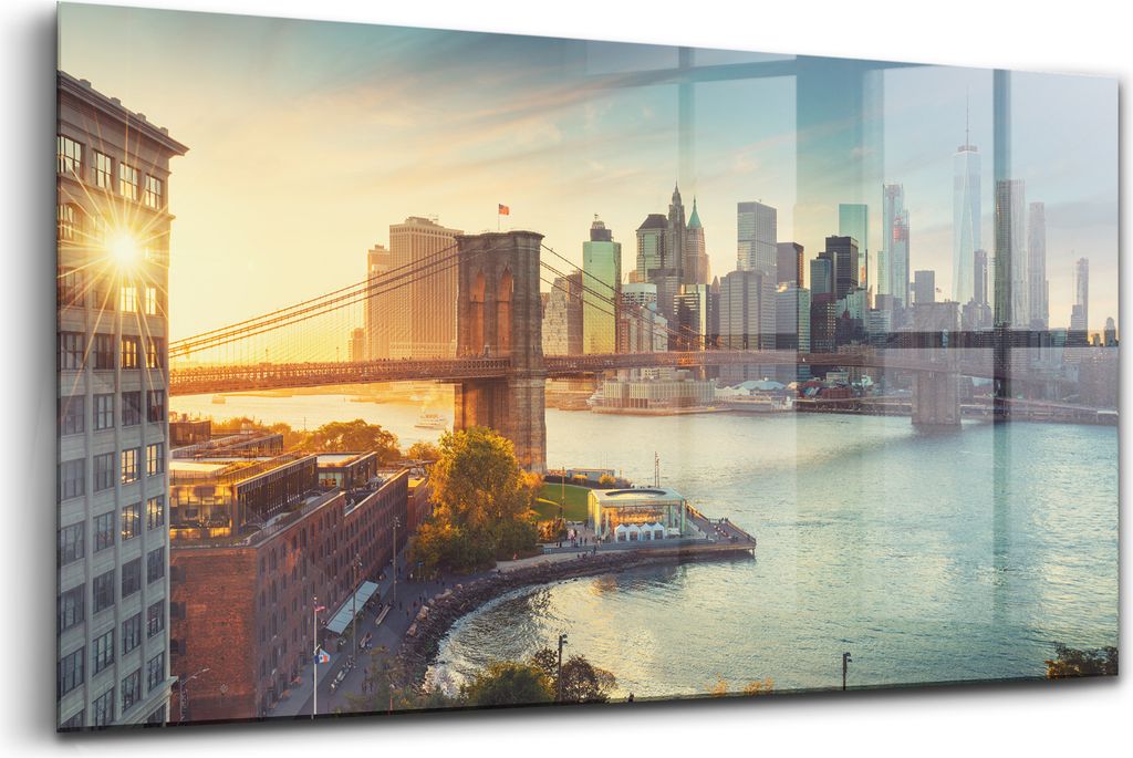 120x60 - Glasbilder - Bilder auf Wandbild - Foto auf Glas - New York Manhattan mit der Brooklyn Bridge