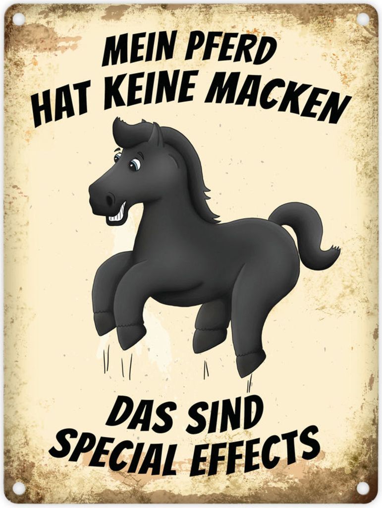 Metallschild mit schwarzes Pferd Motiv und Spruch: Mein Pferd hat keine Macken,
