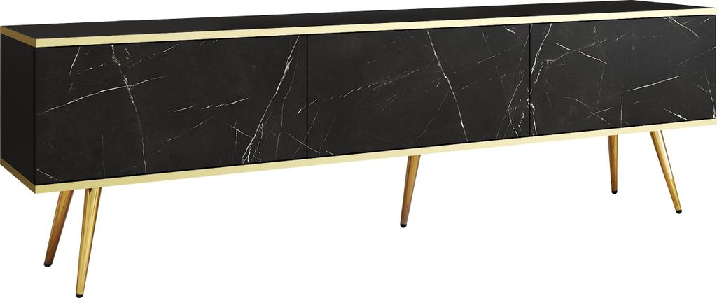 TV-Schrank Rodi - TV-Möbel mit 3 Klappen, Füße - TV-Lowboard 175 cm, Wohnzimmer, PUSH TO OPEN (Marmor + Gold)