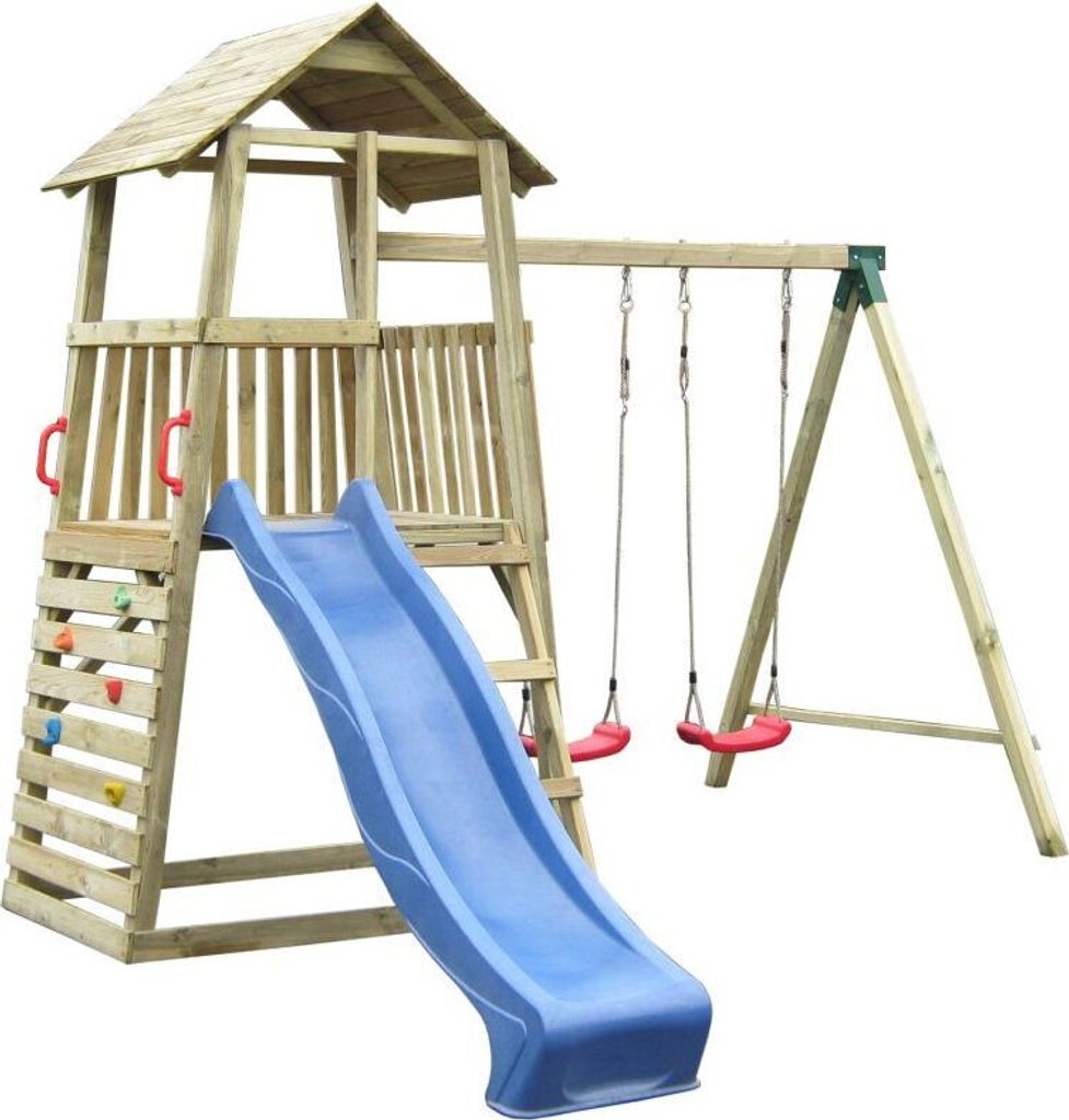 Kinder Spielturm mit Rutsche, Doppelschaukel und Kletterwand