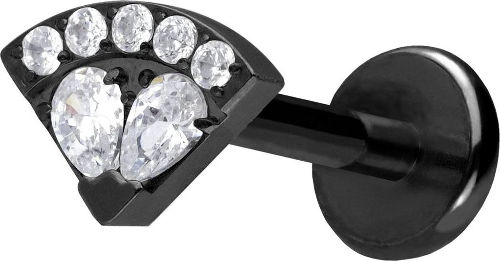 Ohrpiercing, Nasenpiercing Titan Labret mit Push Fit KRISTALLFÄCHER Schwarz Stablänge: 10mm | Stabstärke: 1mm