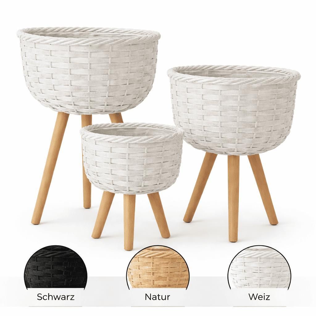 Blumentopf 3er Set Rattan Pflanztopf Blumenkasten Pflanzenständer Weiß