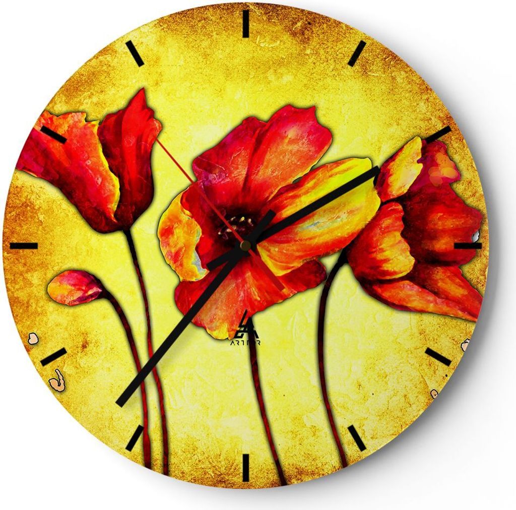Wanduhr - Rund - Glasuhr - Blumen Schilder Stiel Linien - 40x40cm - Schleichendes Uhrwerk - Lautlos - zum Aufhängen bereit - Dekoration Modern - W...