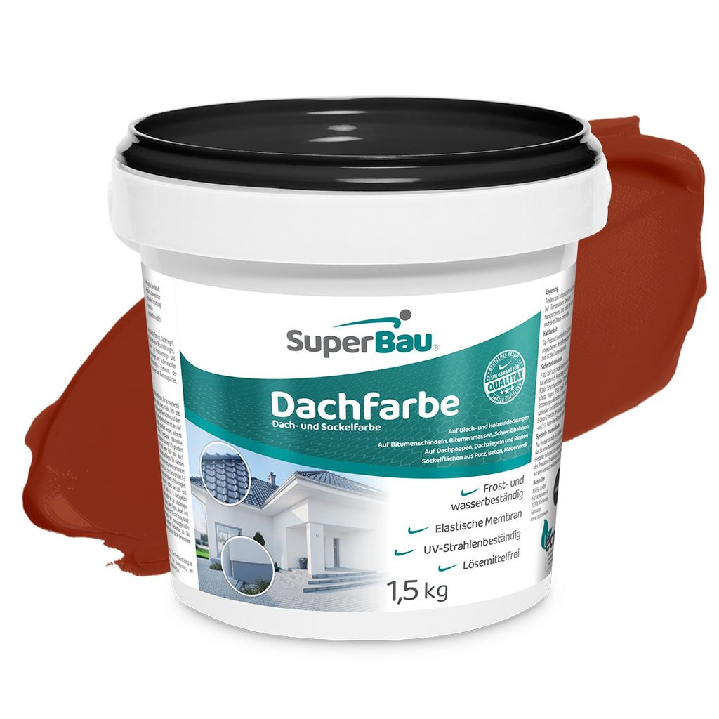 Superbau Dachfarbe Ziegelrot 1,5kg, Sockelfarbe WASSERDICHT, Fassadenfarbe für Außen, Dachbeschichtung für Blechdach, Bitumen Dachpappe Schindel...