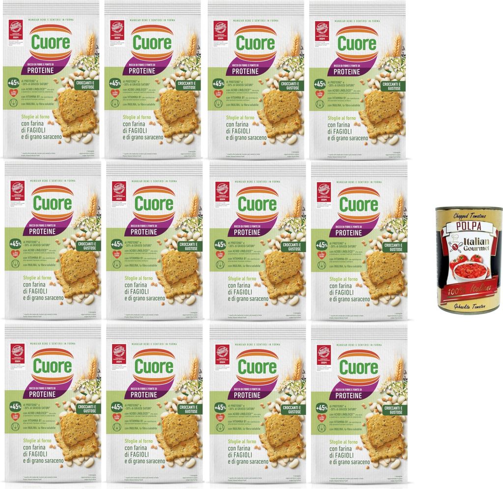 Cuore - Sfoglie Croccanti Fagioli Knusprige Bohnentaschen, gebacken, mit Bohnen- und Buchweizenmehl und Inulin 12x 170 g + Italian Gourmet polpa 400g