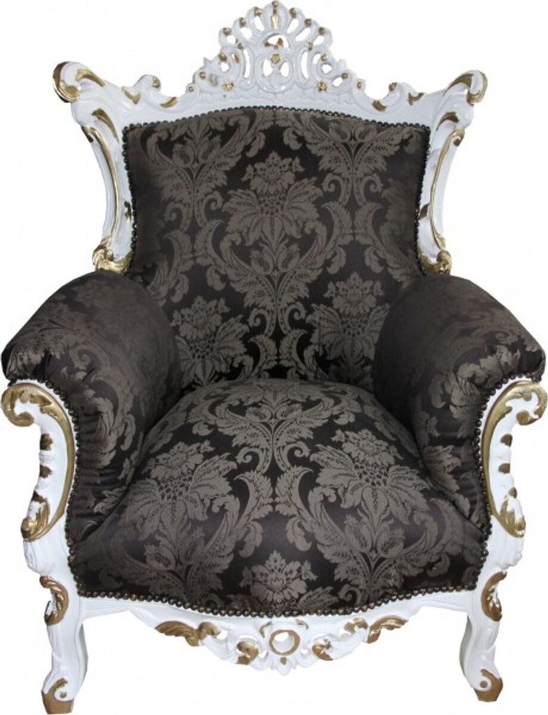 Casa Padrino Barock Sessel Al Capone Schwarz Muster / Weiß mit Gold Bemalung - Antik Stil Wohnzimmer Möbel - Limited Edition