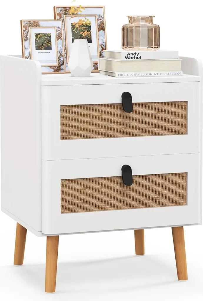 Table d'appoint moderne 2 tiroirs, Blanc et Bois, 45x40x57 cm, Boho