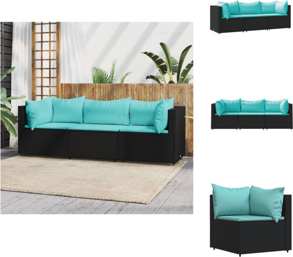 vidaXL 3-tlg. Garten-Lounge-Set mit Kissen Schwarz Poly Rattan - Gartensofas