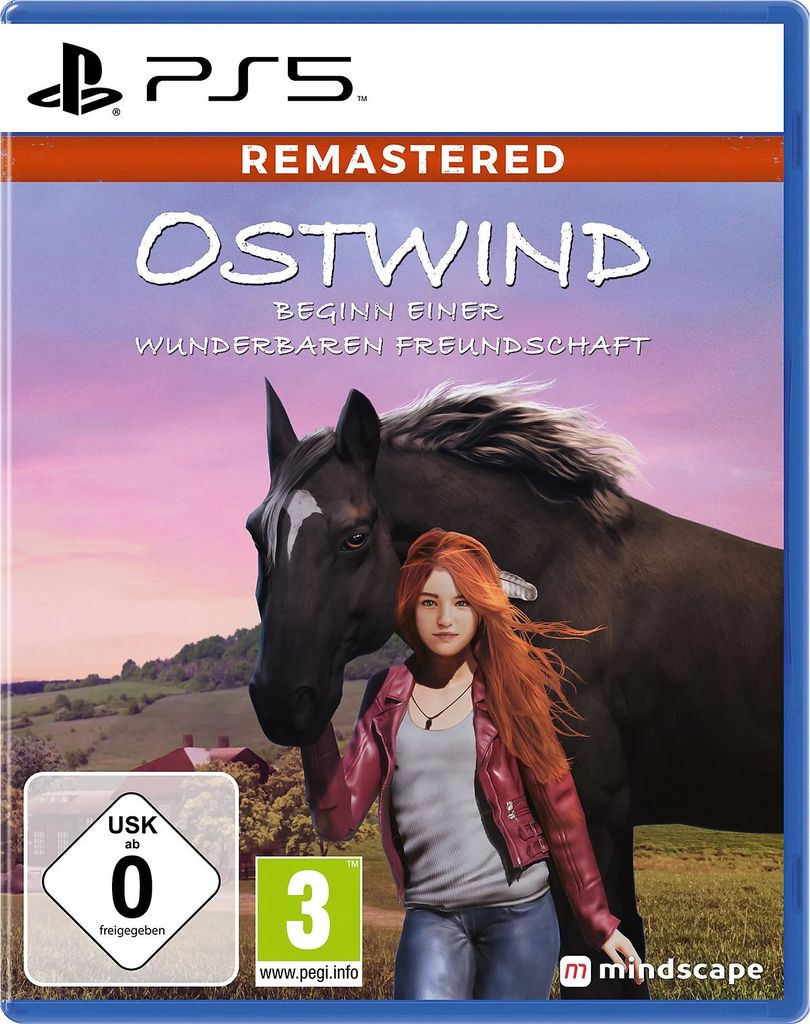 The image is the cover art for a PlayStation 5 game titled 'Ostwind: Beginn einer wunderbaren Freundschaft Remastered'. It features a young woman with red hair standing next to a dark brown horse in a rural landscape.