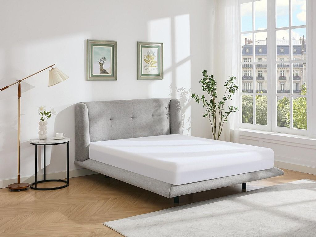 Bett 140 x 190 cm mit gestepptem Kopfteil - Stoff - Hellgrau - PENAVI