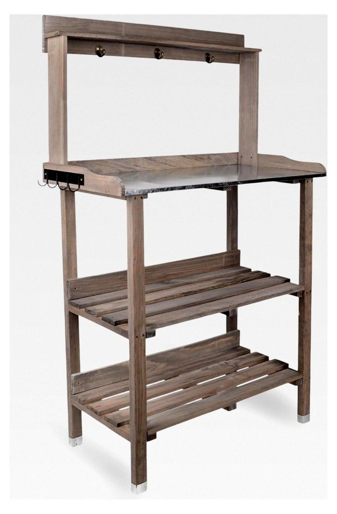 Holzpflanztisch mit Zink-Arbeitsplatte, 78x36x131 cm, Pflanzregal in Grau für Balkon, Terrasse und Garten
