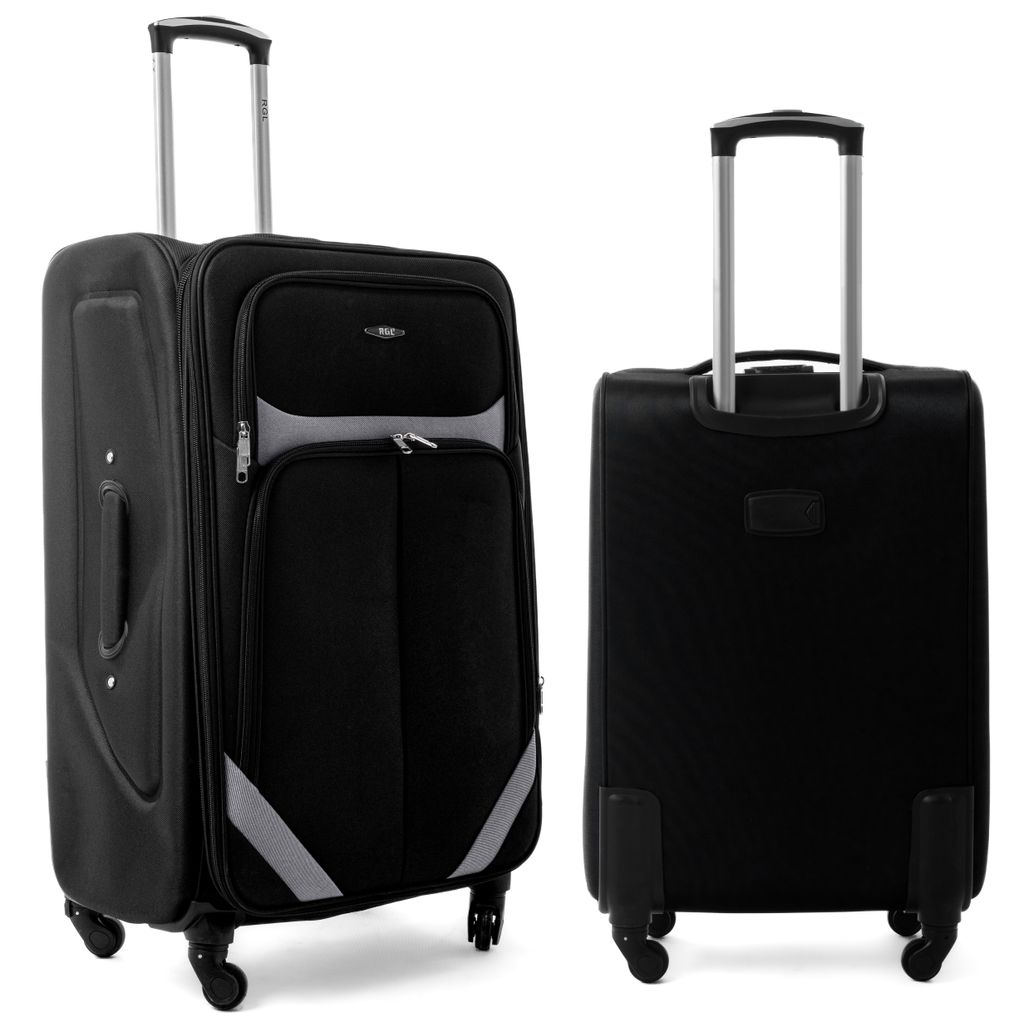 Two black suitcases shown from different angles against a white background.