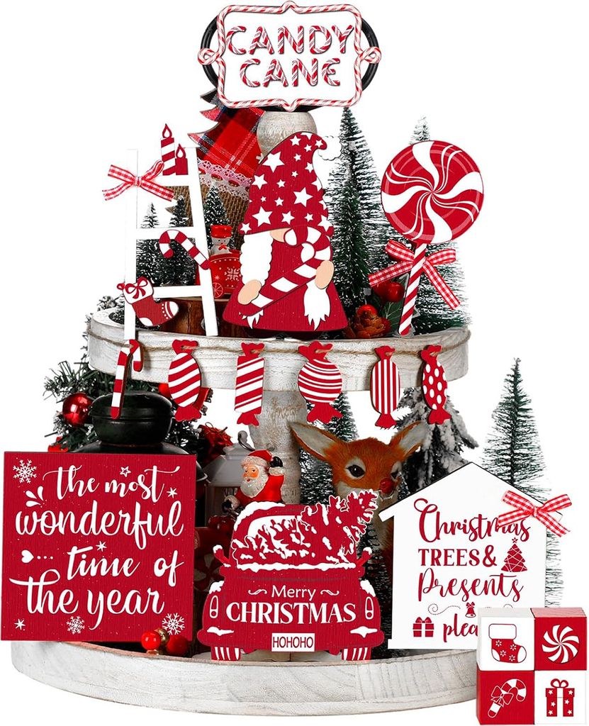 17-teiliges Weihnachts-Tablett-Nachbildungationsset aus Holz mit Zuckerstangen, Zwergen-LKW-Schildern für den Urlaub zu Hause, Tisch- und Regal-Na...