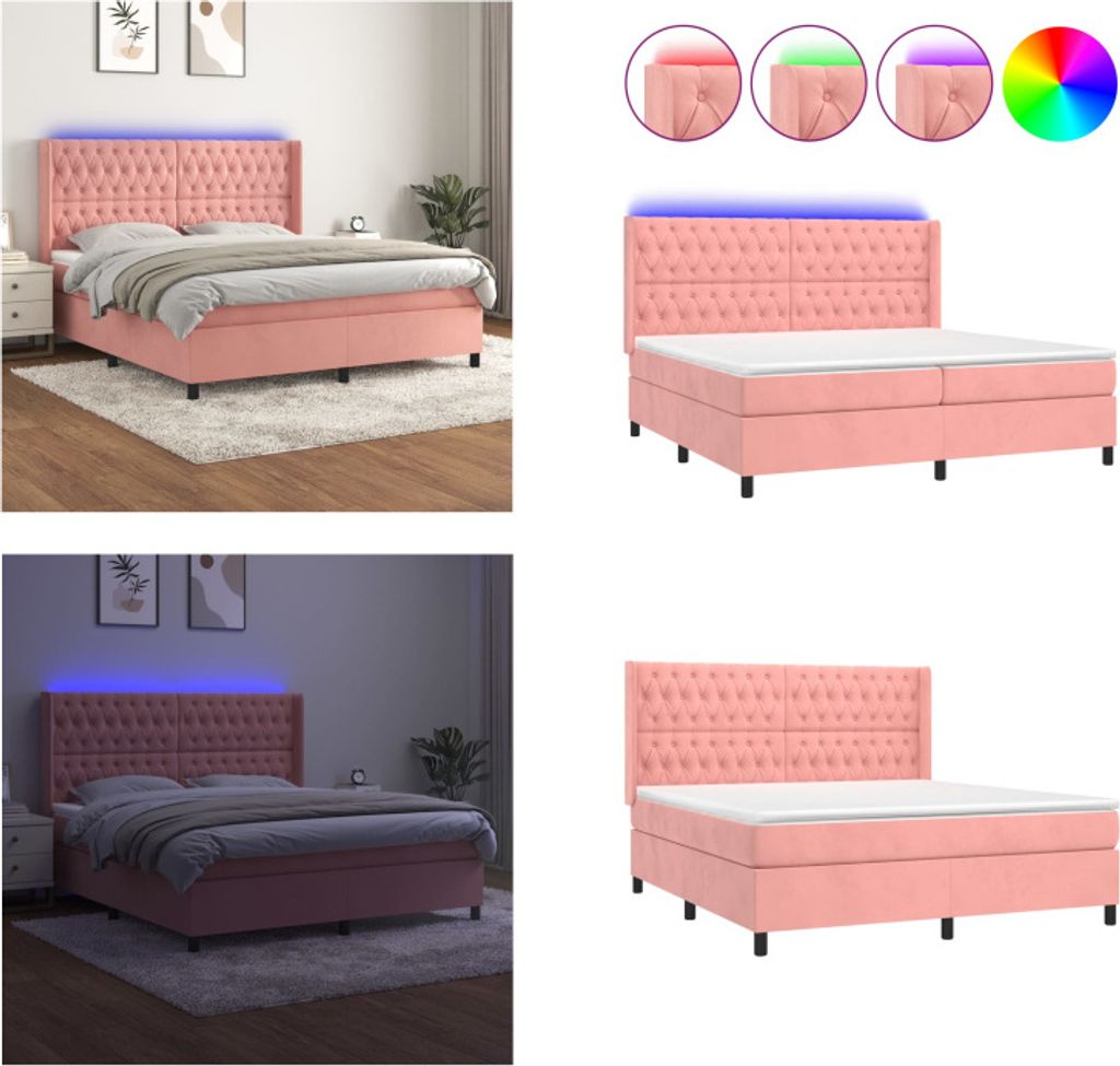 vidaXL Boxspringbett mit Matratze & LED Rosa 160x200 cm Samt - Boxspringbett - Boxspringbetten - Bett - Betten