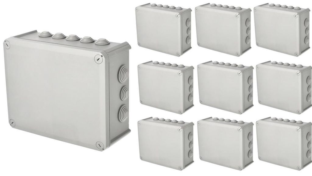 10x Aufputz-Abzweigdose IP-geschützt mit Kabelverschraubungen, Deckel verschraubt, 240x190x95mm, IP66, grau, EDO777774, EDO Technic