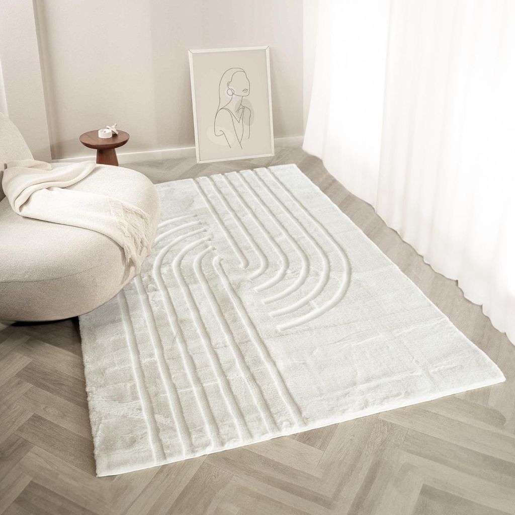 Hochflor Teppich Bohemian Arches Creme – Wohnzimmer Teppich mit 3D Muster, Boho Japandi Skandi, Weich & Antiallergisch – Größe 160 x 230 cm