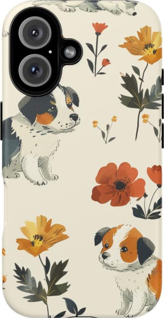 Niedliche Welpen und Blumenmuster – Hülle Kompatibel mit iPhone 16